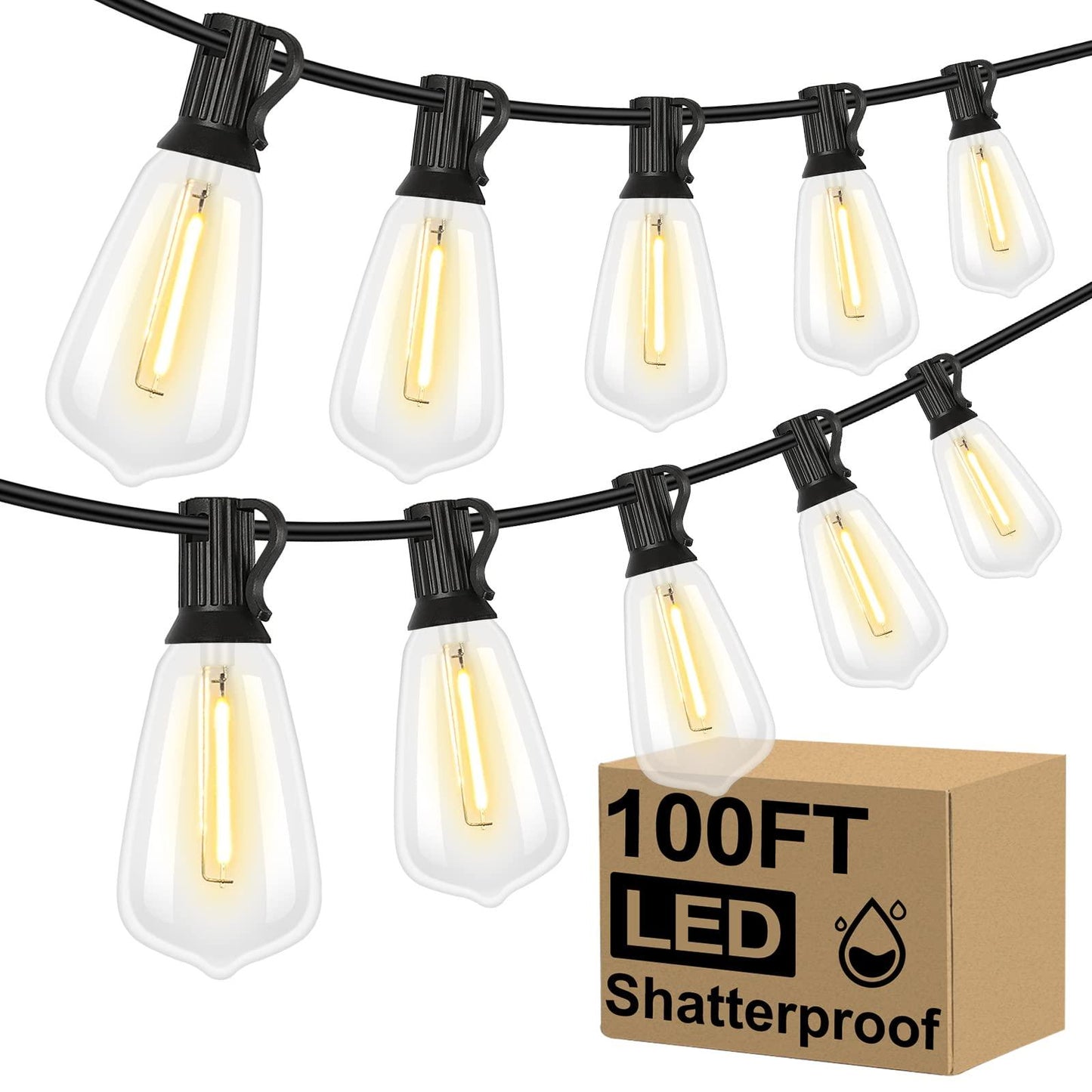 Brightever LED Outdoor String Lights 100FT Patio Lights with 52 Shatterproof ST38 Vintage Edison Bulbs, Outside Hanging Lights Waterproof for Porch, Deck, Garden, Backyard, Balcony, 2700K Dimmable - CookCave