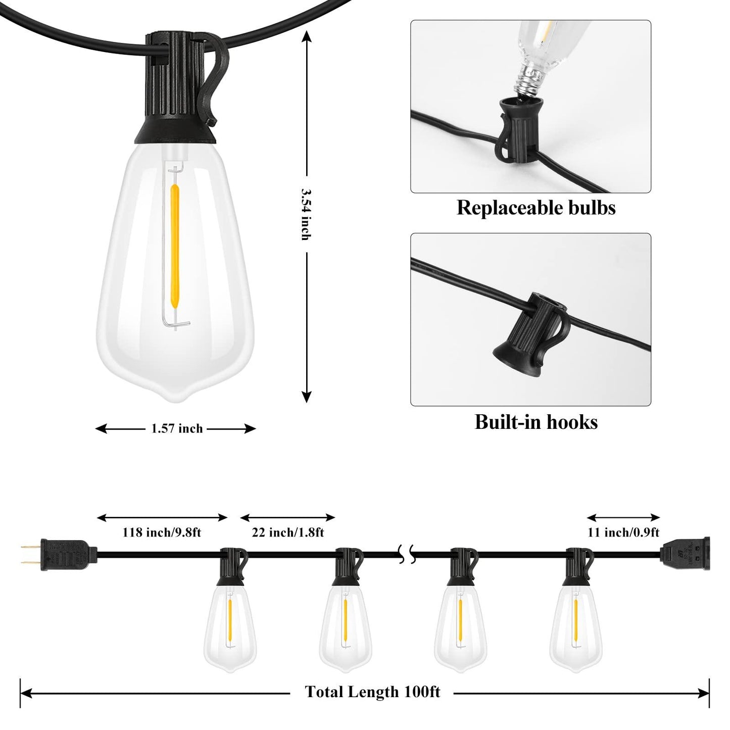 Brightever LED Outdoor String Lights 100FT Patio Lights with 52 Shatterproof ST38 Vintage Edison Bulbs, Outside Hanging Lights Waterproof for Porch, Deck, Garden, Backyard, Balcony, 2700K Dimmable - CookCave