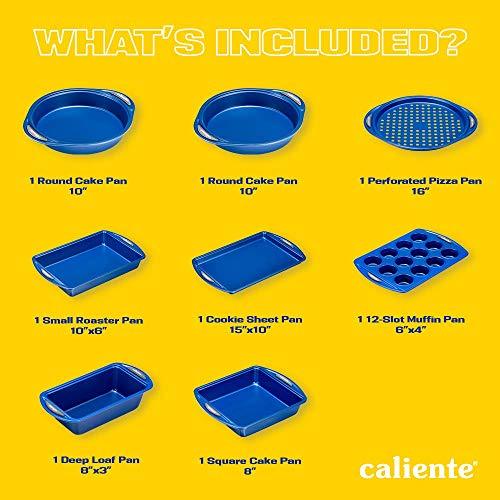 Caliente Nonstick Bakeware Set of 8 | Premium Baking Sheets, Loaf & Bread Baking Pans, Pizza, Roasting & Cake Pans | Durable Carbon Steel Baking Set | Housewarming, Wedding, Chefs & Bakers Gift - CookCave