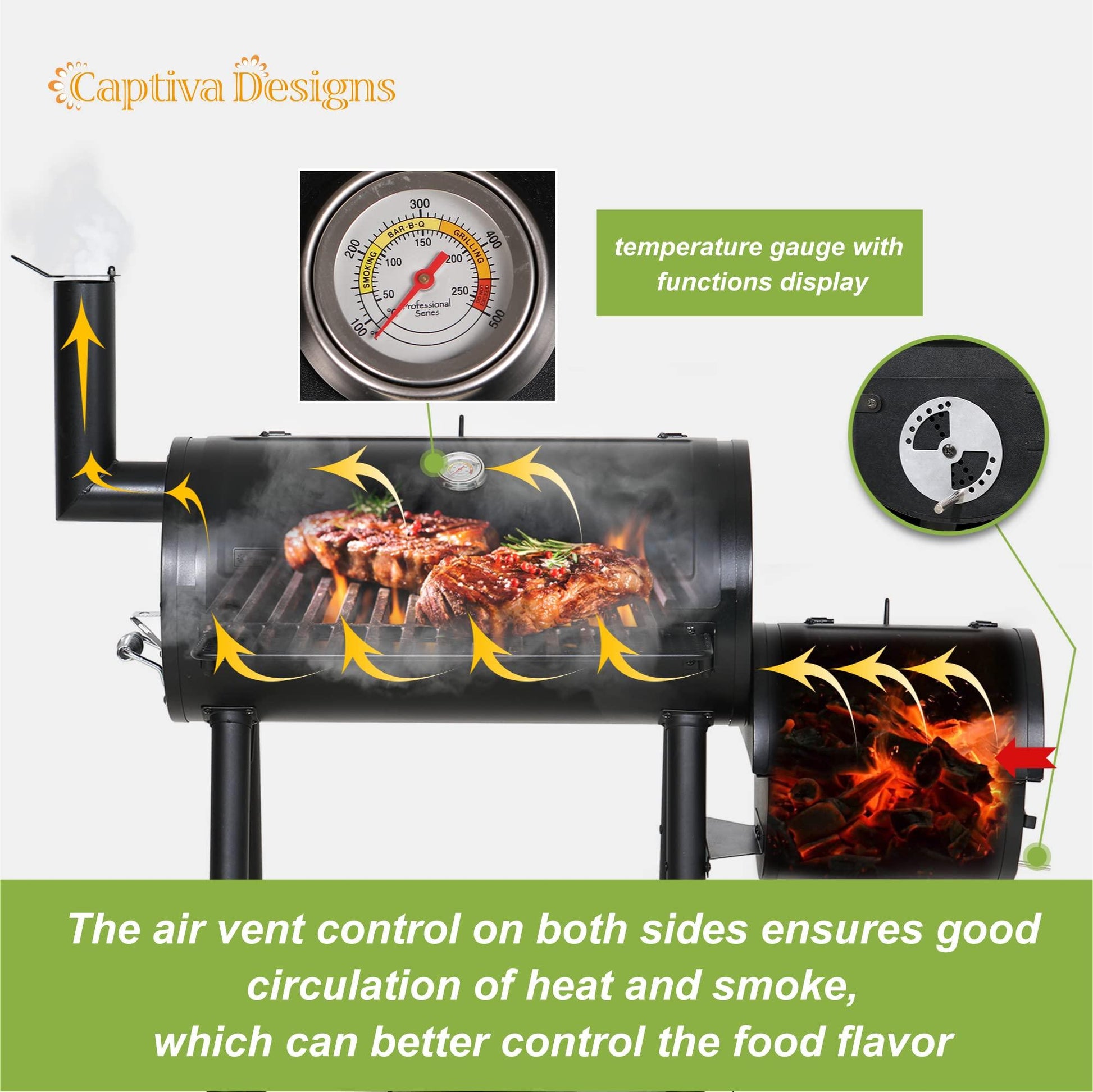 Captiva Designs Charcoal Grill with Offset Smoker, All Metal Steel Made Outdoor Smoker, 512 sq.in Cooking Area, Best Combo for Outdoor Garden Patio and Backyard Cooking - CookCave