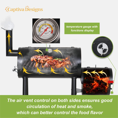 Captiva Designs Charcoal Grill with Offset Smoker, All Metal Steel Made Outdoor Smoker, 512 sq.in Cooking Area, Best Combo for Outdoor Garden Patio and Backyard Cooking - CookCave