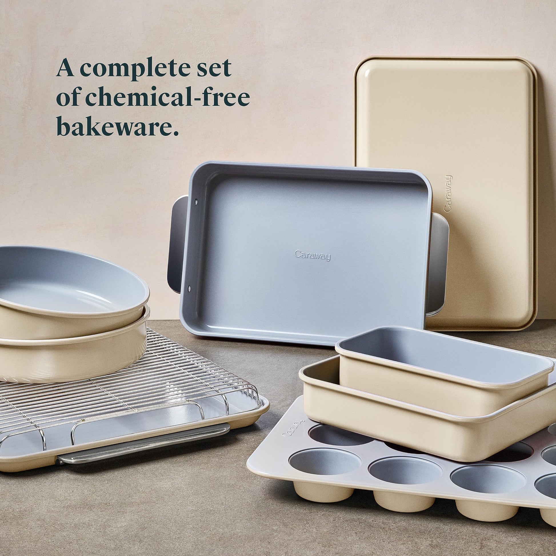Caraway Nonstick Ceramic Bakeware Set (11 Pieces) - Baking Sheets, Assorted Baking Pans, Cooling Rack, & Storage - Aluminized Steel Body - Non Toxic, PTFE & PFOA Free - Cream - CookCave