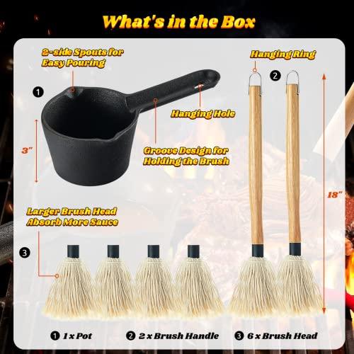 Cast Iron Sauce Pot and BBQ Mop Brush Set for Grilling, 7 Pcs Barbecue Accessories include Heat Preservation Heavy Basting Melting Pot, 2Pcs Wooden Long Handle Sauce Mops with 4Pcs Replacements - CookCave