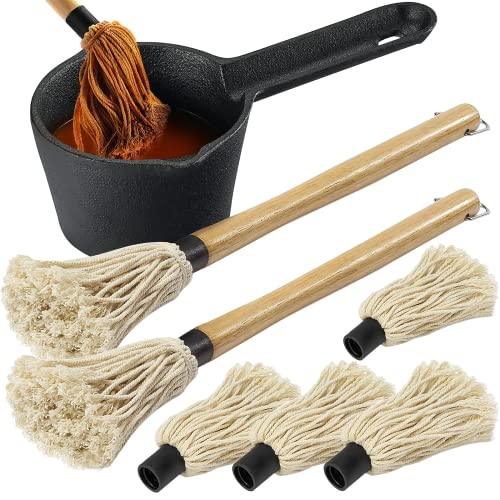 Cast Iron Sauce Pot and BBQ Mop Brush Set for Grilling, 7 Pcs Barbecue Accessories include Heat Preservation Heavy Basting Melting Pot, 2Pcs Wooden Long Handle Sauce Mops with 4Pcs Replacements - CookCave