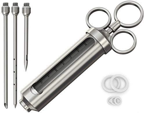 Cave Tools 2.3-oz Stainless Steel Meat Tenderizer Injection Syringe Kit with 3 Precision Marinade Injectors - BBQ Grill and Smoker Accessories - CookCave