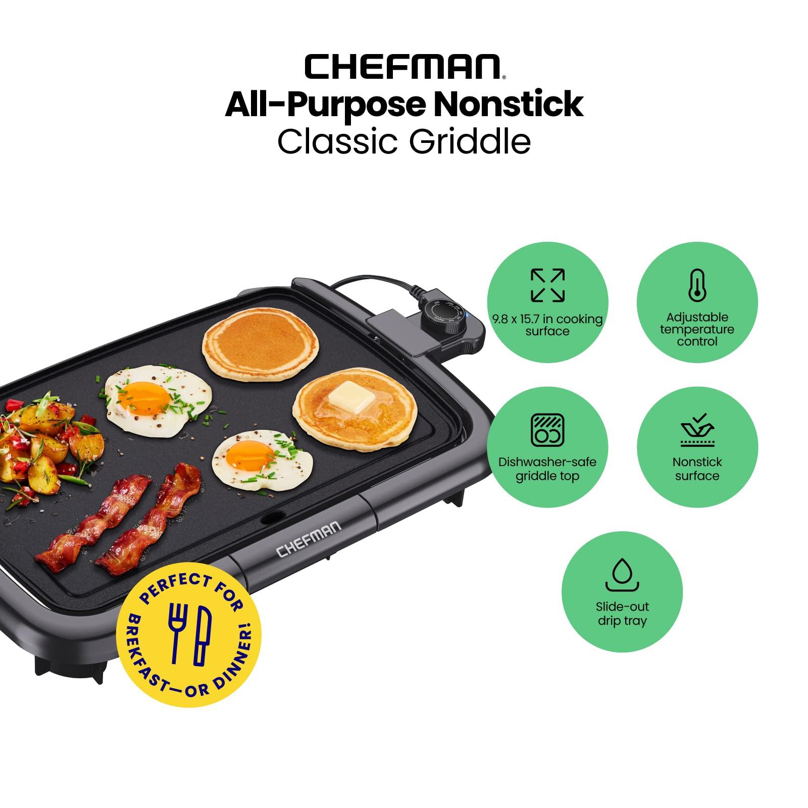 Chefman Electric Griddle with Removable Temperature Control, Immersible Flat Top Grill, Burger, Eggs, Pancake Griddle, Nonstick Easy Clean Cooking Surface, Slide Out Drip Tray, 10 x 16 Inch - CookCave