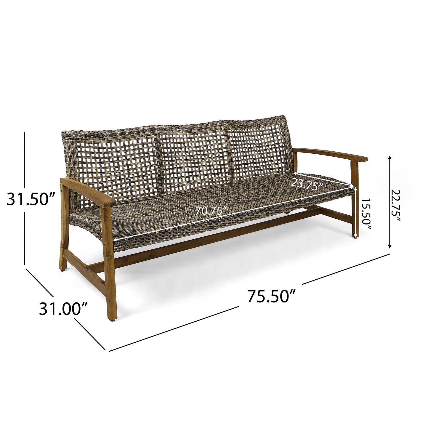 Christopher Knight Home Marcia Outdoor Wood Sofa, Wicker, 75.50 x 31.00 x 31.50, Gray, Natural Stained Finish - CookCave