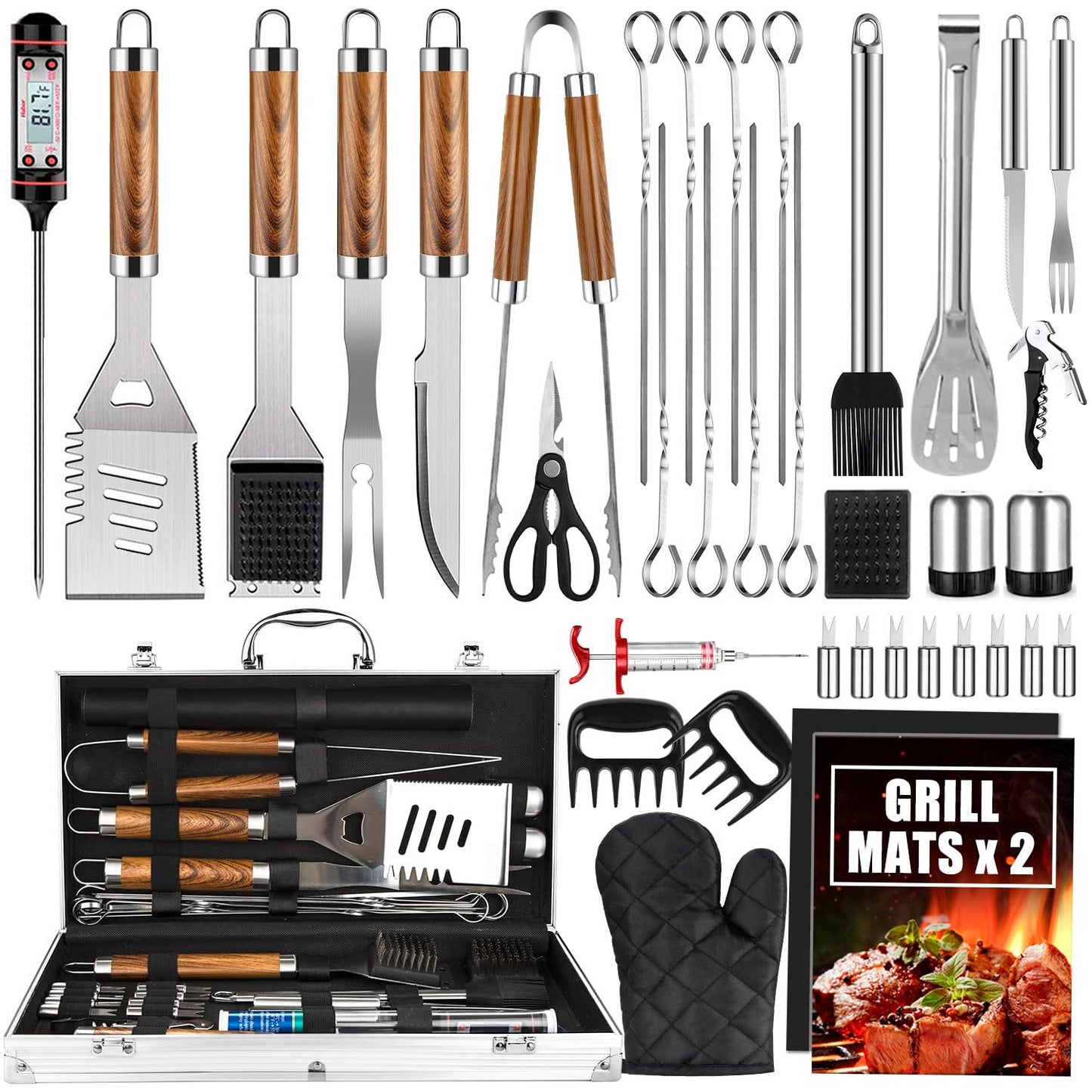 Cifaisi BBQ Grill Utensils Set for Camping/Backyard, 38Pcs Stainless Steel Grill Tools Grilling Accessories with Barbecue Mats, Aluminum Case, Thermometer for Men Women - CookCave