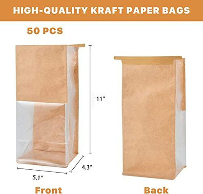 COMIKO 50pcs Bakery Bags with Window- 5.1x4.3x11 Inches Tin Tie Tab Lock Kraft Tin Tie Bags Cookie Packaging Bags Paper Bread Bags Kraft Paper Bags with Window (Brown, 50 Count (Pack of 1)) - CookCave