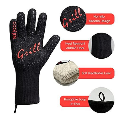 COOLJOB Heat Resistant BBQ Gloves for Hot Temperature Cooking, Barbecue Grilling or Baking Bread Pizza, 800 Degrees Safe Oven Mittens with Fingers, Aramid Fiber with Silicone Grip, One Size, Black - CookCave