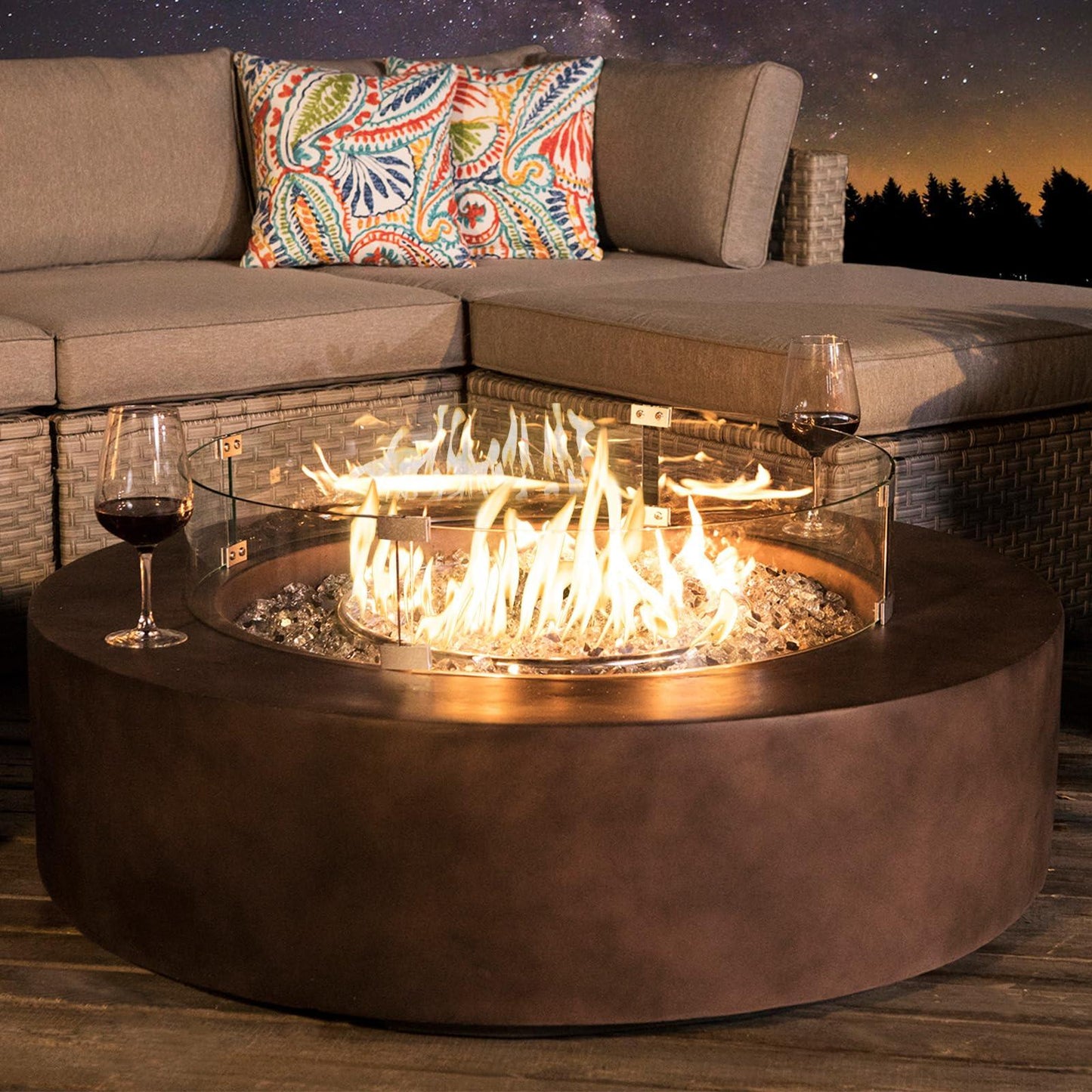 COSIEST Outdoor Propane Fire Pit Coffee Table w Dark Bronze 40.5-inch Round Base Patio Heater, 50,000 BTU Stainless Steel Burner, Wind Guard, Transparent Gray Fire Glass, Waterproof Cover - CookCave