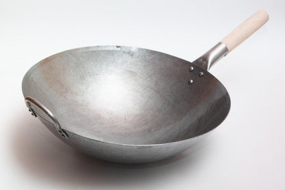Craft Wok Big 16 Inch Heavy Hand Hammered Carbon Steel Pow Wok with Wooden and Steel Helper Handle (Round Bottom) / 731W138 - CookCave