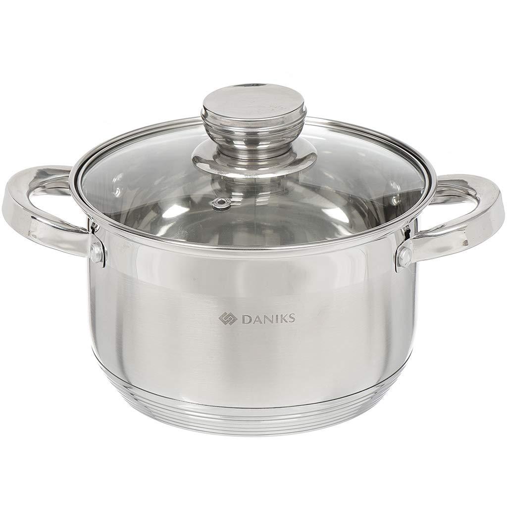 Daniks Standard Stainless Steel Stock Pot with Glass Lid | Induction 3 Quart | Dishwasher Safe Pot | Measuring Scale | Soup Pasta Stew Pot | Silver - CookCave