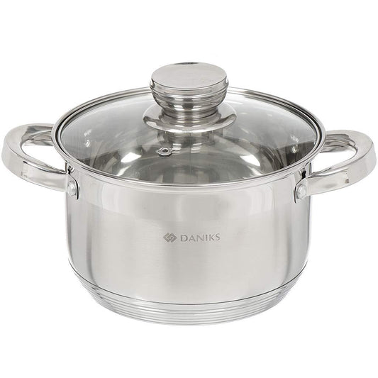 Daniks Standard Stainless Steel Stock Pot with Glass Lid | Induction 3 Quart | Dishwasher Safe Pot | Measuring Scale | Soup Pasta Stew Pot | Silver - CookCave