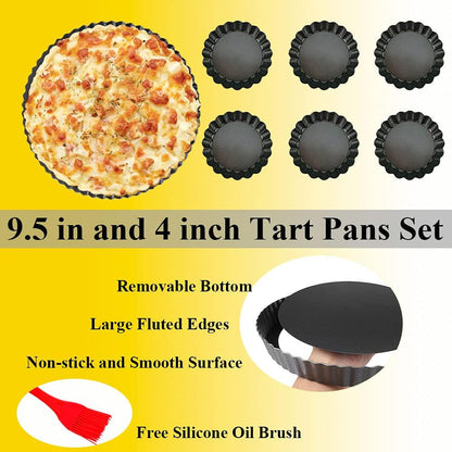 DATANYA 8 Pack Tart Pan 9.5 Inch & 4 Inch Mini Tart Pans Removable Bottom Quiche Pan Non-Stick Deep Baking Dish Pie Pan Heavy Duty Carbon Steel for Mousse Cakes, Dessert Baking- 1 Silicone Oil Brush - CookCave