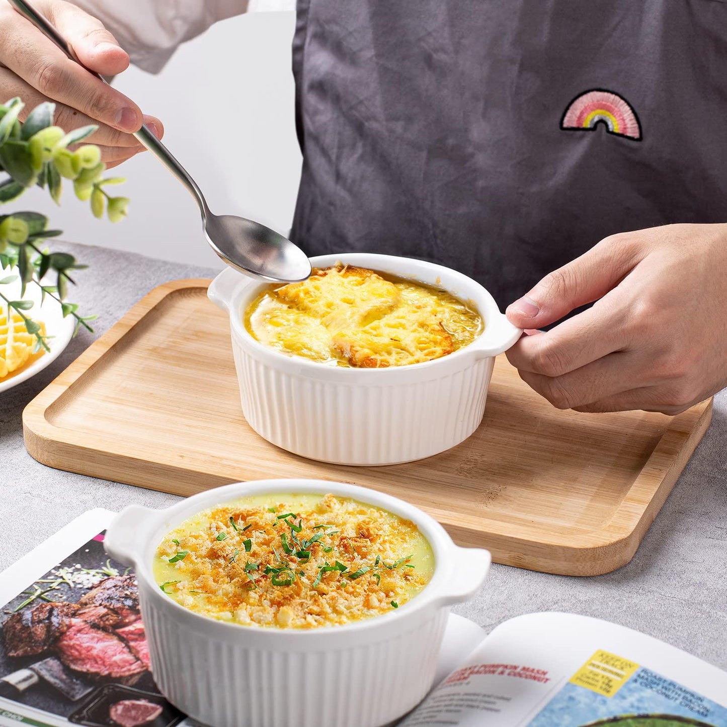 Delling Ramekins with Handle, 6 PACK Soup Bowls for French Onion Soup, Pot Pie, Lava Cakes, Creme Brulee, 12 Oz Porcelain Souffle Dish for Baking, White - CookCave