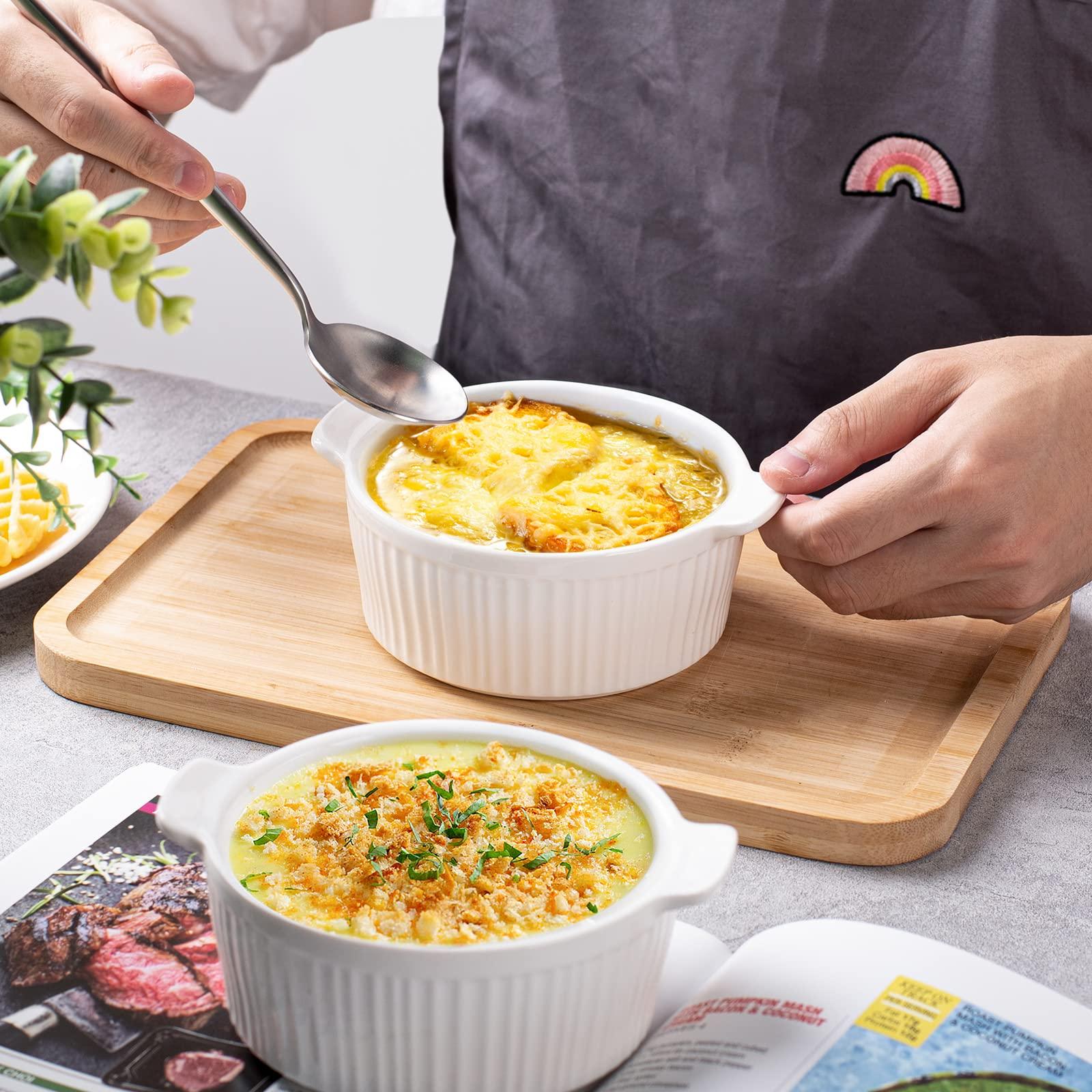 Delling Ramekins with Handle, 6 PACK Soup Bowls for French Onion Soup, Pot Pie, Lava Cakes, Creme Brulee, 12 Oz Porcelain Souffle Dish for Baking, White - CookCave