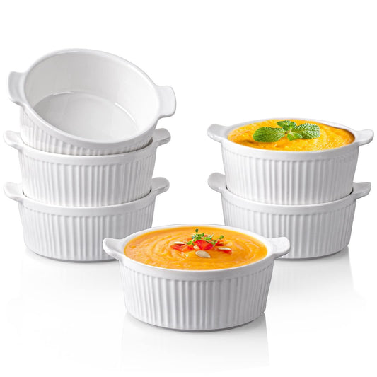 Delling Ramekins with Handle, 6 PACK Soup Bowls for French Onion Soup, Pot Pie, Lava Cakes, Creme Brulee, 12 Oz Porcelain Souffle Dish for Baking, White - CookCave