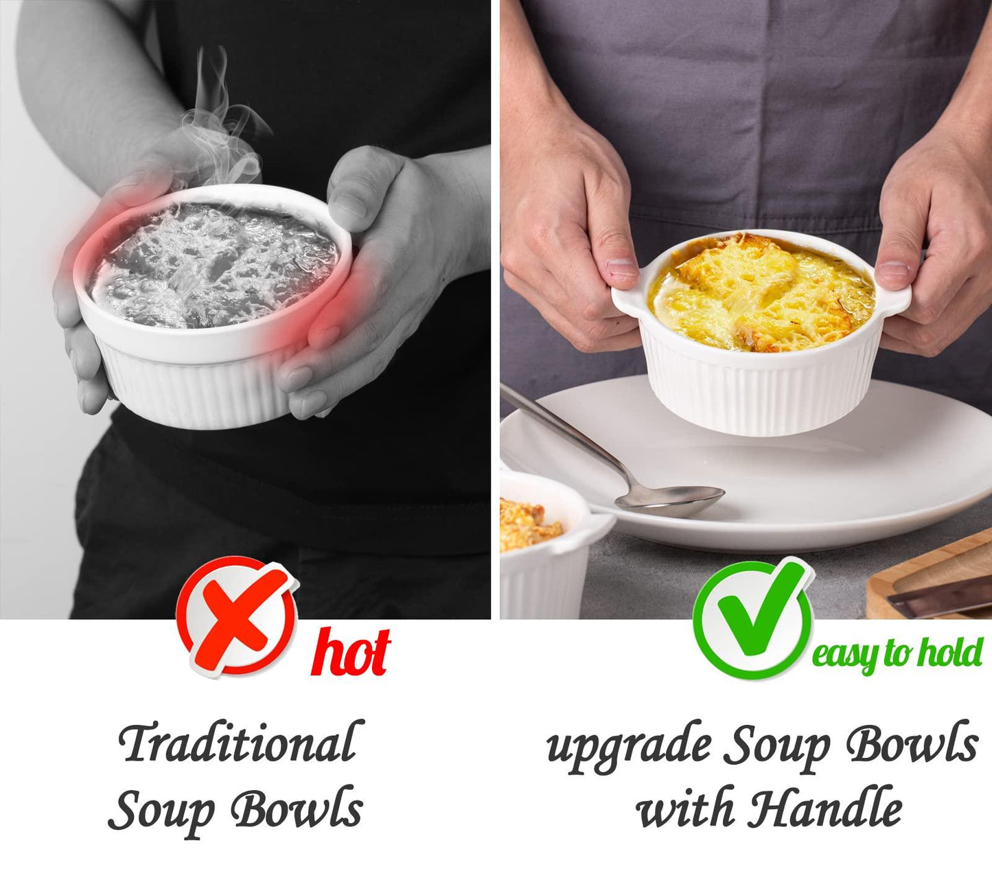 Delling Ramekins with Handle, 6 PACK Soup Bowls for French Onion Soup, Pot Pie, Lava Cakes, Creme Brulee, 12 Oz Porcelain Souffle Dish for Baking, White - CookCave