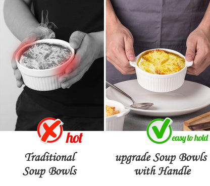 Delling Ramekins with Handle, 6 PACK Soup Bowls for French Onion Soup, Pot Pie, Lava Cakes, Creme Brulee, 12 Oz Porcelain Souffle Dish for Baking, White - CookCave