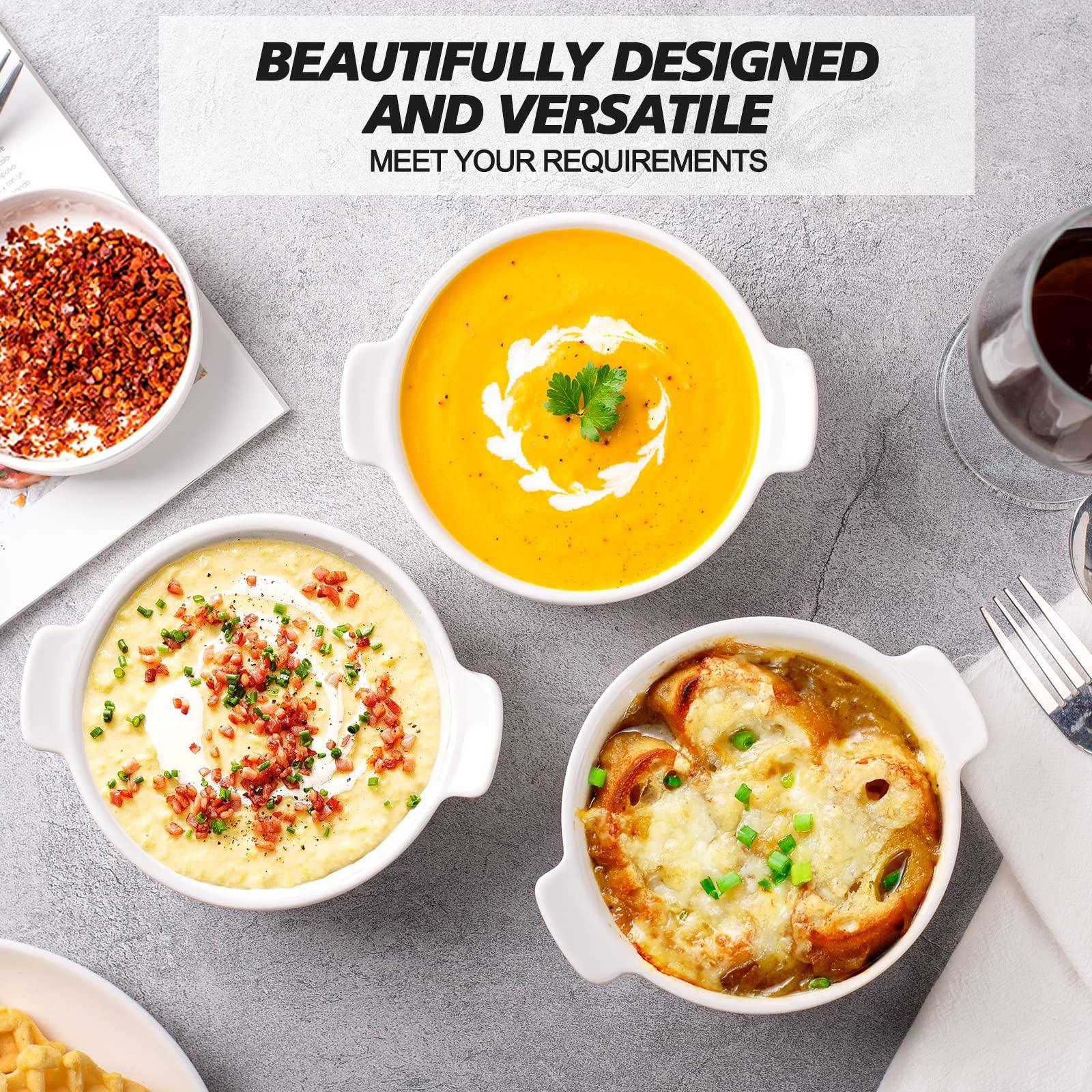 Delling Ramekins with Handle, 6 PACK Soup Bowls for French Onion Soup, Pot Pie, Lava Cakes, Creme Brulee, 12 Oz Porcelain Souffle Dish for Baking, White - CookCave