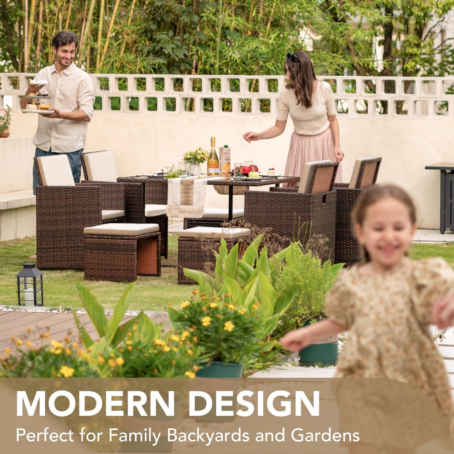 Devoko 9 Pieces Patio Dining Sets Outdoor Space Saving Rattan Chairs with Glass Table Patio Furniture Sets Cushioned Seating and Back Sectional Conversation Set (Beige) - CookCave