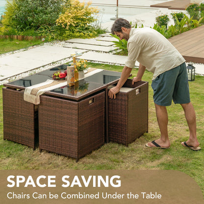 Devoko 9 Pieces Patio Dining Sets Outdoor Space Saving Rattan Chairs with Glass Table Patio Furniture Sets Cushioned Seating and Back Sectional Conversation Set (Beige) - CookCave