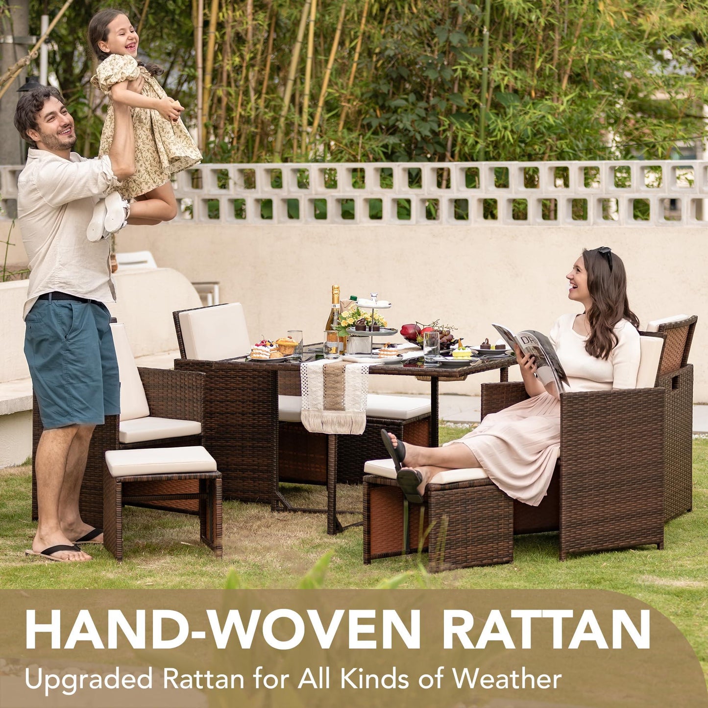 Devoko 9 Pieces Patio Dining Sets Outdoor Space Saving Rattan Chairs with Glass Table Patio Furniture Sets Cushioned Seating and Back Sectional Conversation Set (Beige) - CookCave