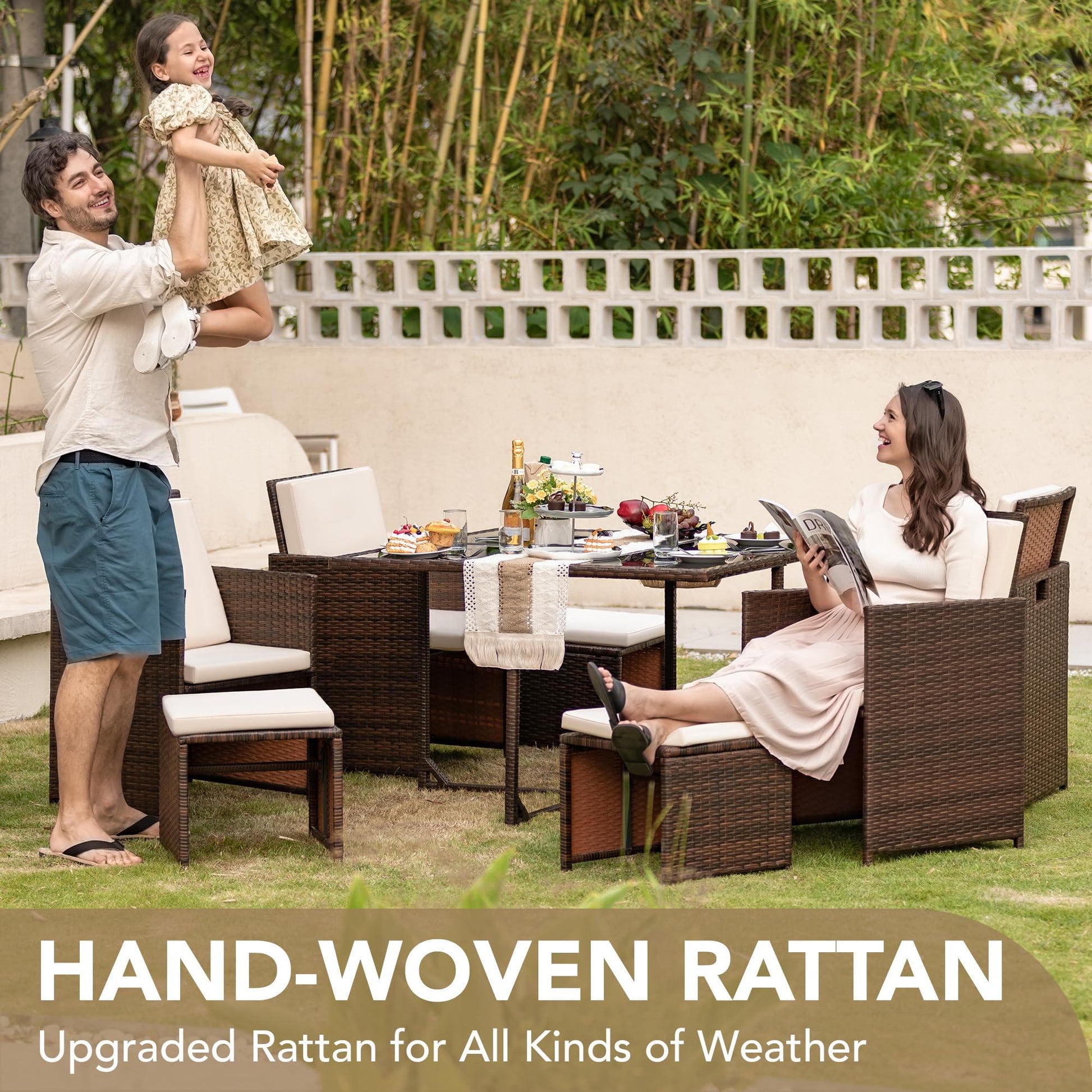 Devoko 9 Pieces Patio Dining Sets Outdoor Space Saving Rattan Chairs with Glass Table Patio Furniture Sets Cushioned Seating and Back Sectional Conversation Set (Beige) - CookCave