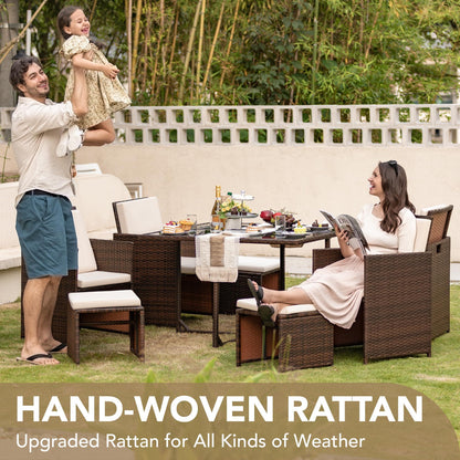 Devoko 9 Pieces Patio Dining Sets Outdoor Space Saving Rattan Chairs with Glass Table Patio Furniture Sets Cushioned Seating and Back Sectional Conversation Set (Beige) - CookCave