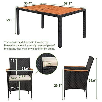 Devoko Dining 7 PCS Furniture, Patio Conversation Set with Acacia Wood Table Top, Rattan Outdoor, Black - CookCave