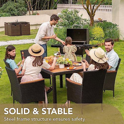 Devoko Dining 7 PCS Furniture, Patio Conversation Set with Acacia Wood Table Top, Rattan Outdoor, Black - CookCave