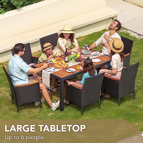 Devoko Dining 7 PCS Furniture, Patio Conversation Set with Acacia Wood Table Top, Rattan Outdoor, Black - CookCave