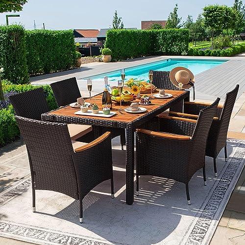Devoko Dining 7 PCS Furniture, Patio Conversation Set with Acacia Wood Table Top, Rattan Outdoor, Black - CookCave