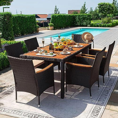 Devoko Dining 7 PCS Furniture, Patio Conversation Set with Acacia Wood Table Top, Rattan Outdoor, Black - CookCave