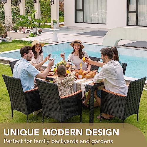 Devoko Dining 7 PCS Furniture, Patio Conversation Set with Acacia Wood Table Top, Rattan Outdoor, Black - CookCave