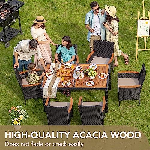 Devoko Dining 7 PCS Furniture, Patio Conversation Set with Acacia Wood Table Top, Rattan Outdoor, Black - CookCave