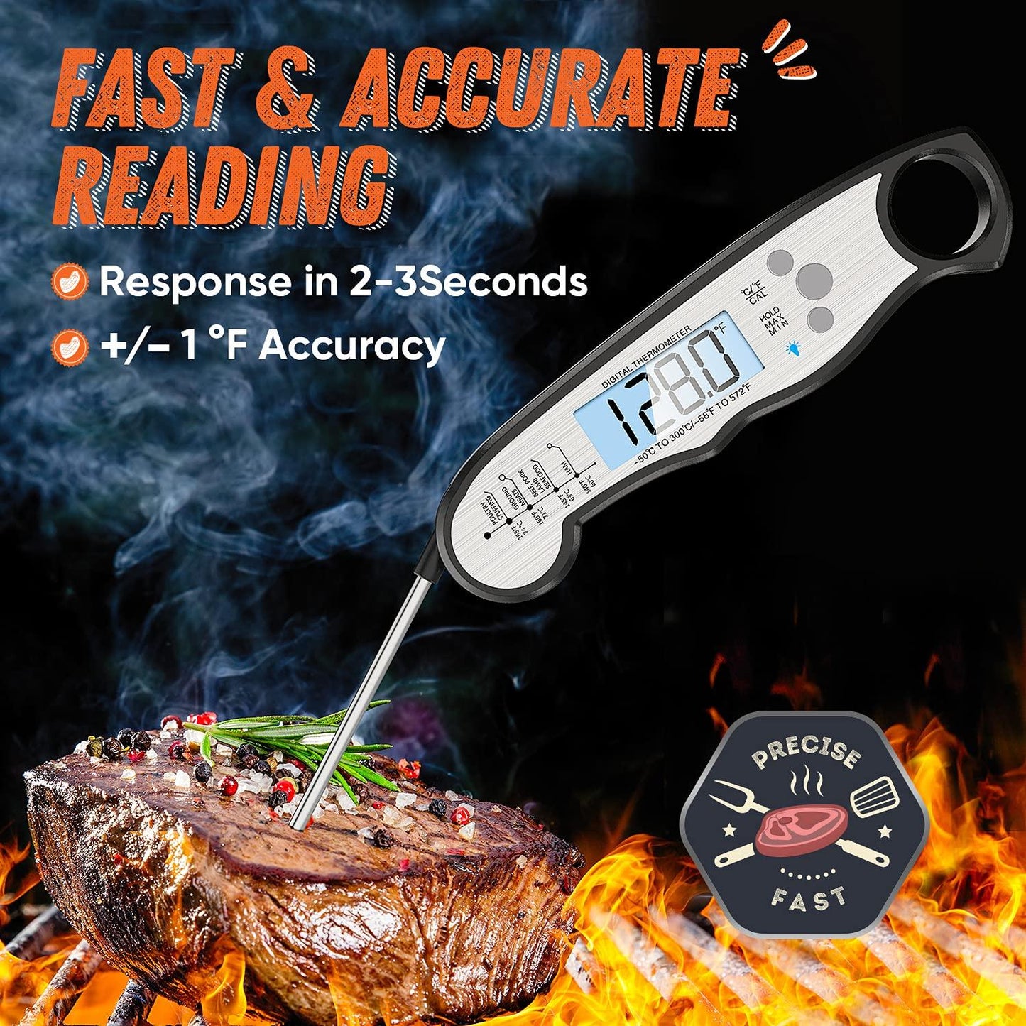 Digital Meat Thermometer, Waterproof Instant Read Food Thermometer for Cooking and Grilling, Kitchen Gadgets, Accessories with Backlight & Calibration for Candy, BBQ Grill, Liquids, Beef, Turkey… - CookCave