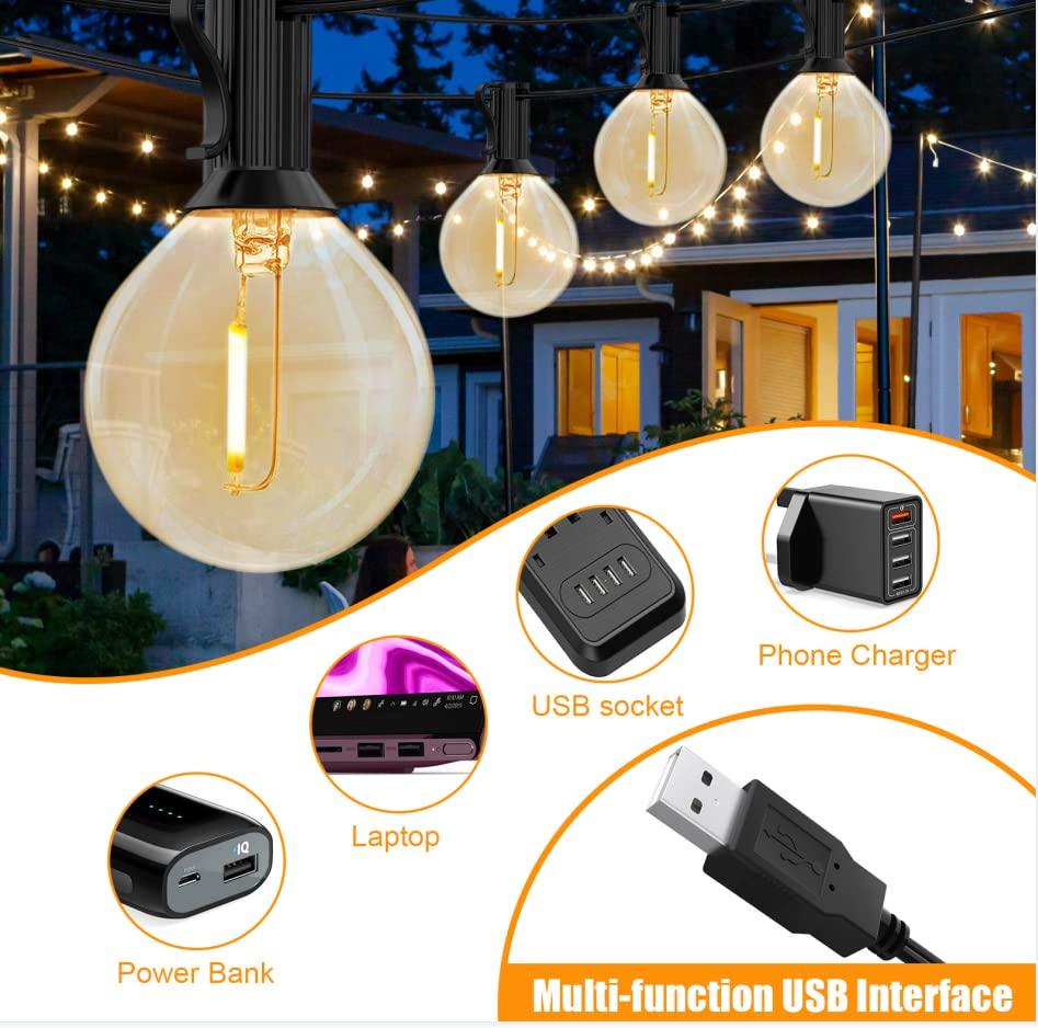 doopo 50FT Outdoor String Lights with Remote Control, USB Powered Patio Lights with 25 G40 Shatterproof LED Bulbs(1 Spare), Hanging String Light Connectable for Outside Backyard, Porch, Bistro - CookCave