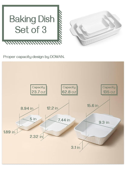 DOWAN Casserole Dishes for Oven, Ceramic Baking Dishes for Oven Set of 3, Lasagna Pan Deep, Baking Pan Set Rectangular Casserole Dish Set with Handles for Baking, White (15.6''/12.2''/8.9'') - CookCave