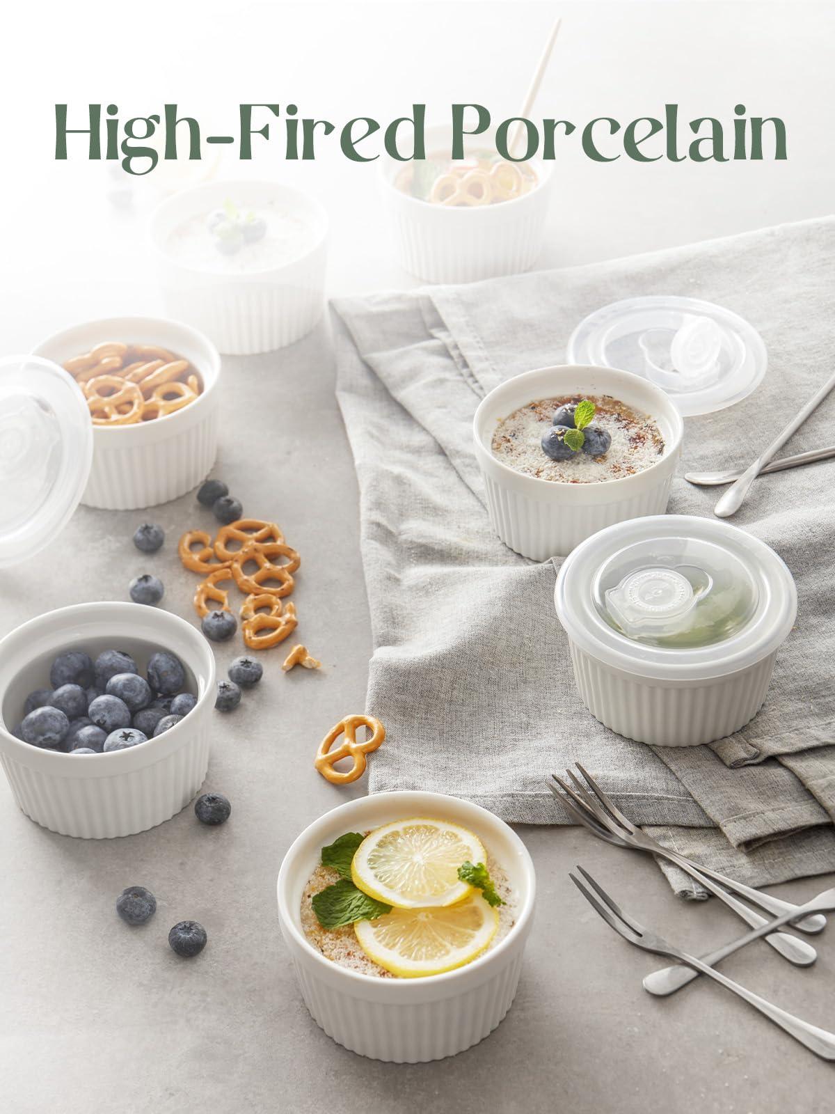 DOWAN Ramekins 8 oz Oven Safe with Lids, Creme brulee Ramekins Bowls with Covers, Porcelain White Ramekins Souffle Dishes for Baking, Stackable, Set of 6 - CookCave