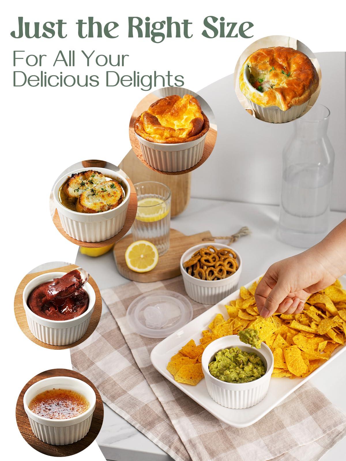 DOWAN Ramekins 8 oz Oven Safe with Lids, Creme brulee Ramekins Bowls with Covers, Porcelain White Ramekins Souffle Dishes for Baking, Stackable, Set of 6 - CookCave