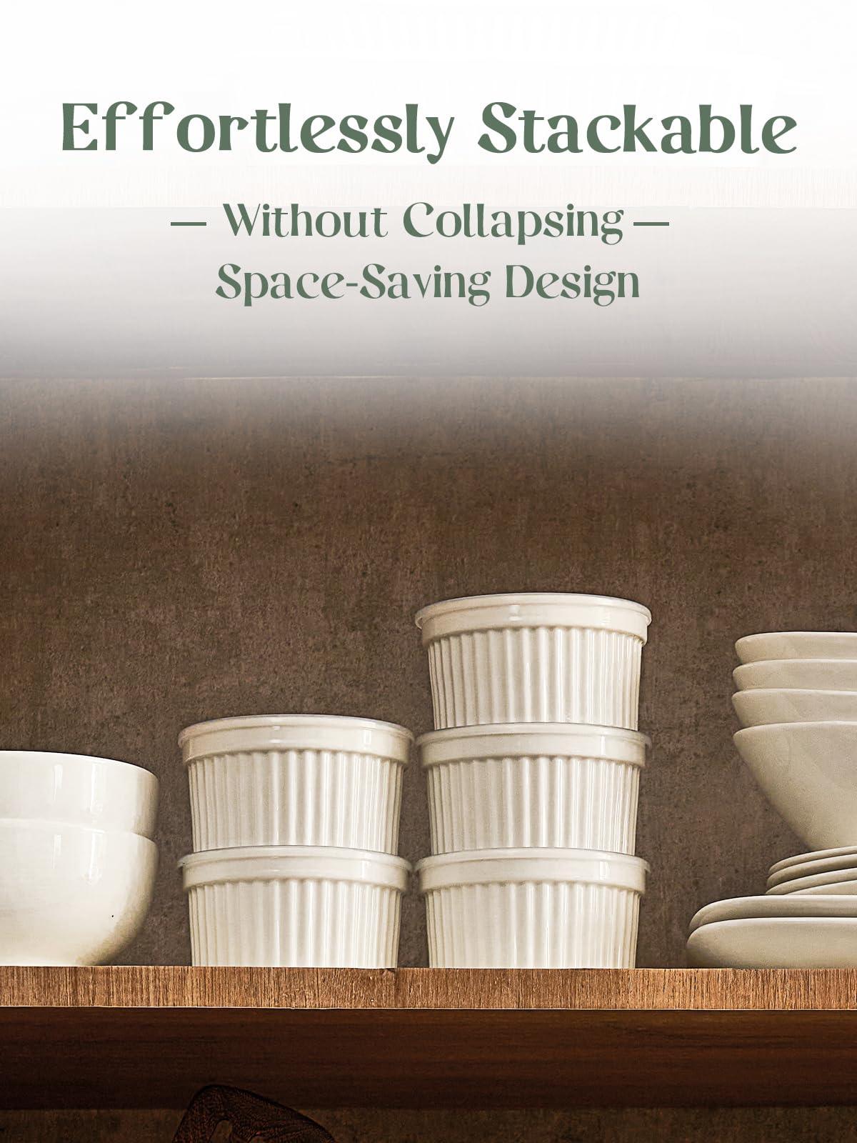 DOWAN Ramekins 8 oz Oven Safe with Lids, Creme brulee Ramekins Bowls with Covers, Porcelain White Ramekins Souffle Dishes for Baking, Stackable, Set of 6 - CookCave