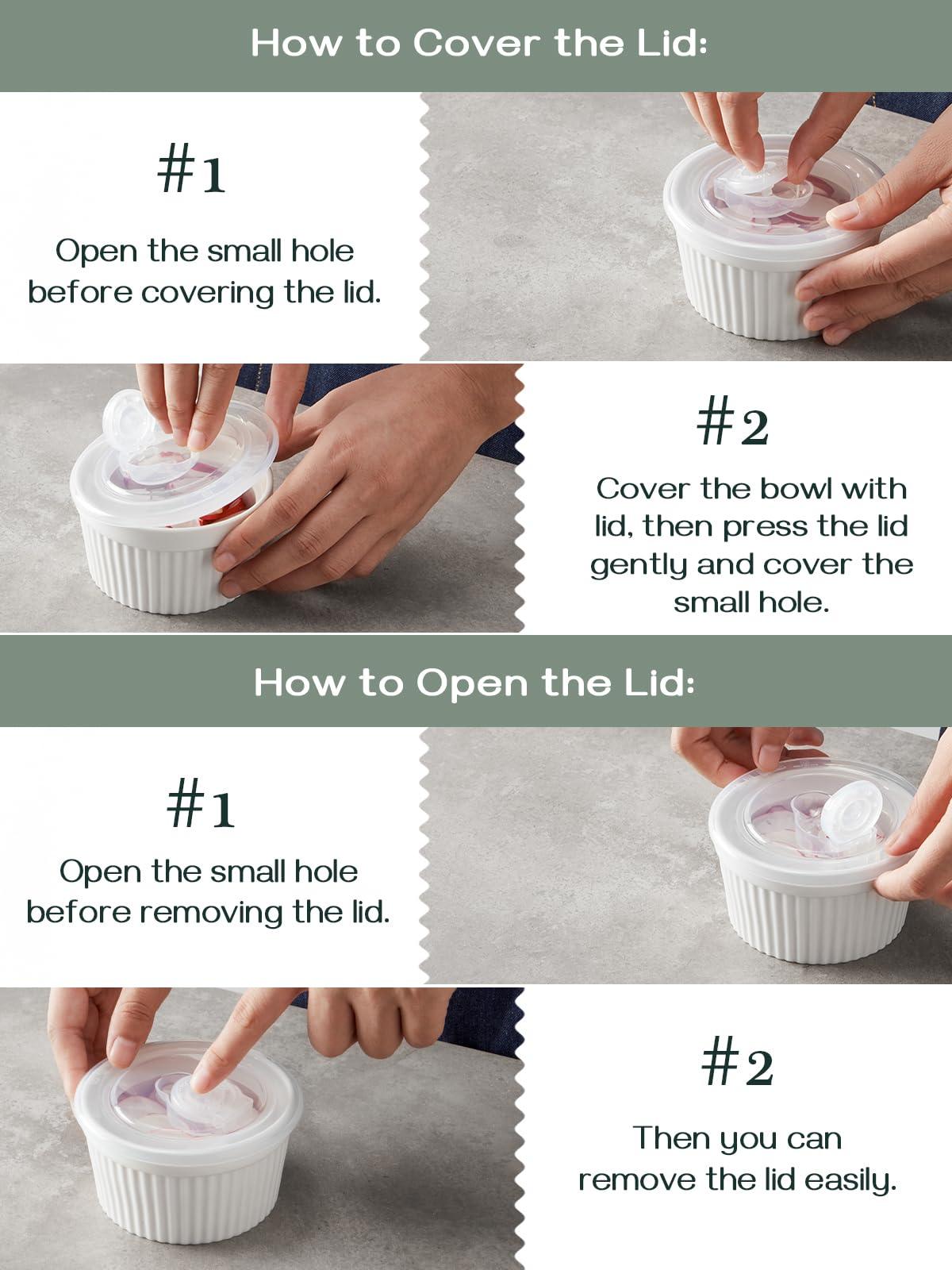 DOWAN Ramekins 8 oz Oven Safe with Lids, Creme brulee Ramekins Bowls with Covers, Porcelain White Ramekins Souffle Dishes for Baking, Stackable, Set of 6 - CookCave