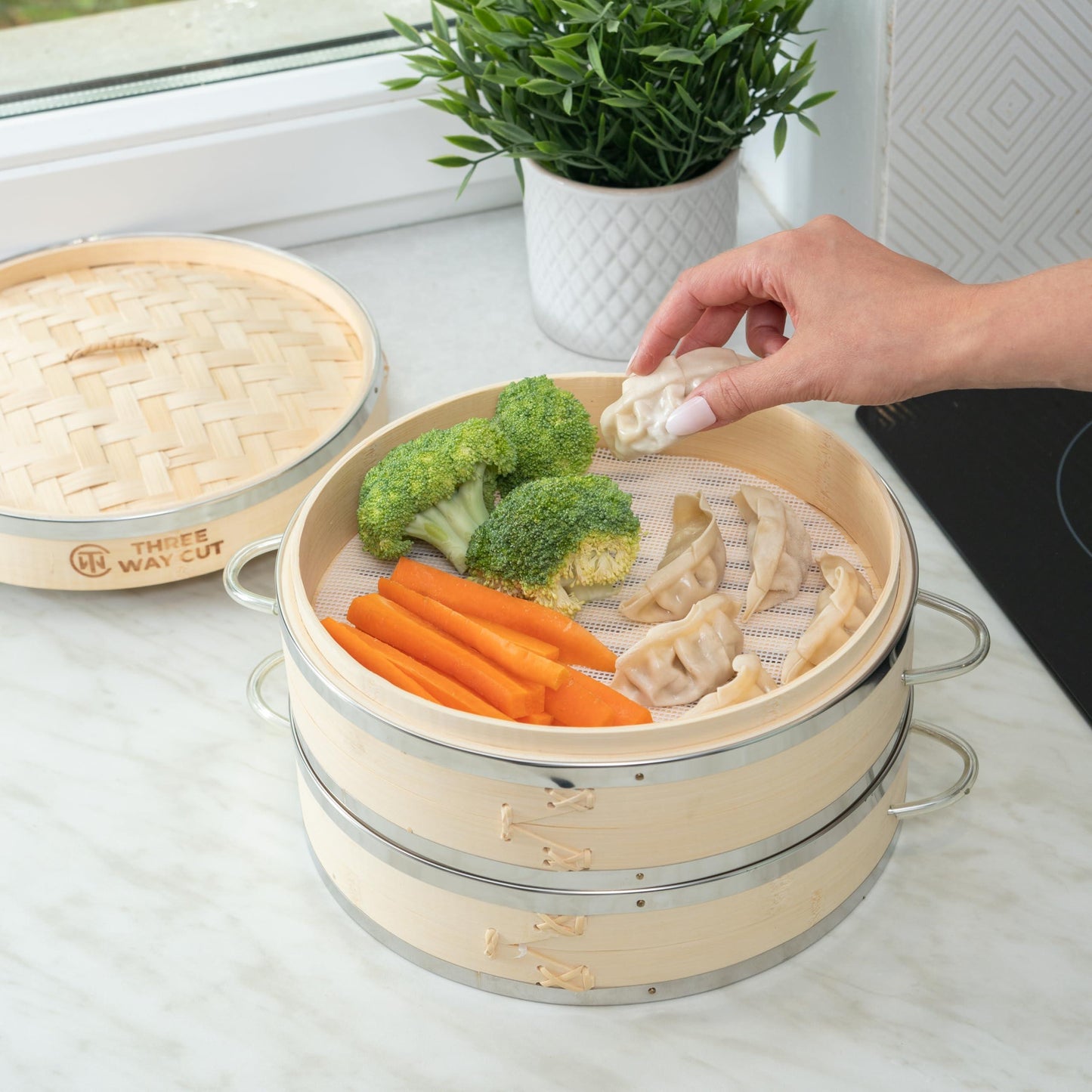 Dumpling Bamboo Steamer 10 Inch 2 Tier Wooden Basket With Handle, Reusable Silicone Liner, Kit For Cooking Baby Bao Bun, Dim Sum, Rice Potsticker Steaming Chinese Asian Food & Vegetables - CookCave