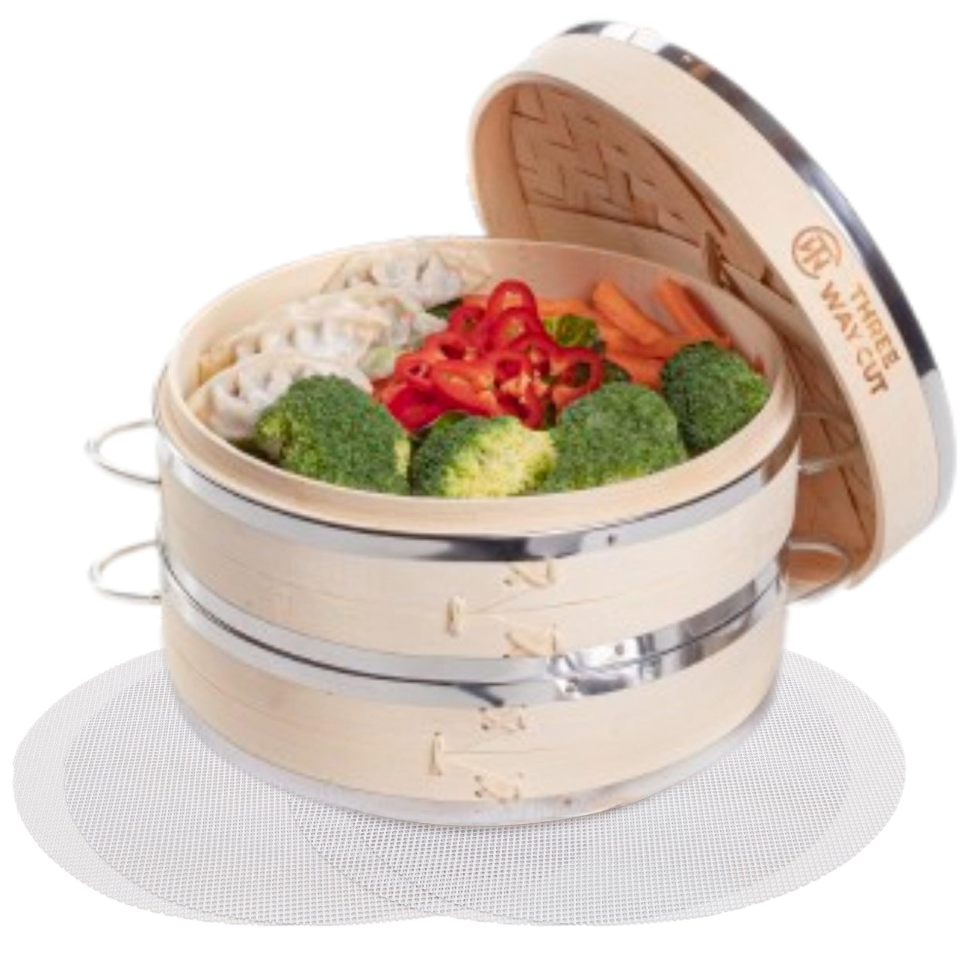 Dumpling Bamboo Steamer 10 Inch 2 Tier Wooden Basket With Handle, Reusable Silicone Liner, Kit For Cooking Baby Bao Bun, Dim Sum, Rice Potsticker Steaming Chinese Asian Food & Vegetables - CookCave