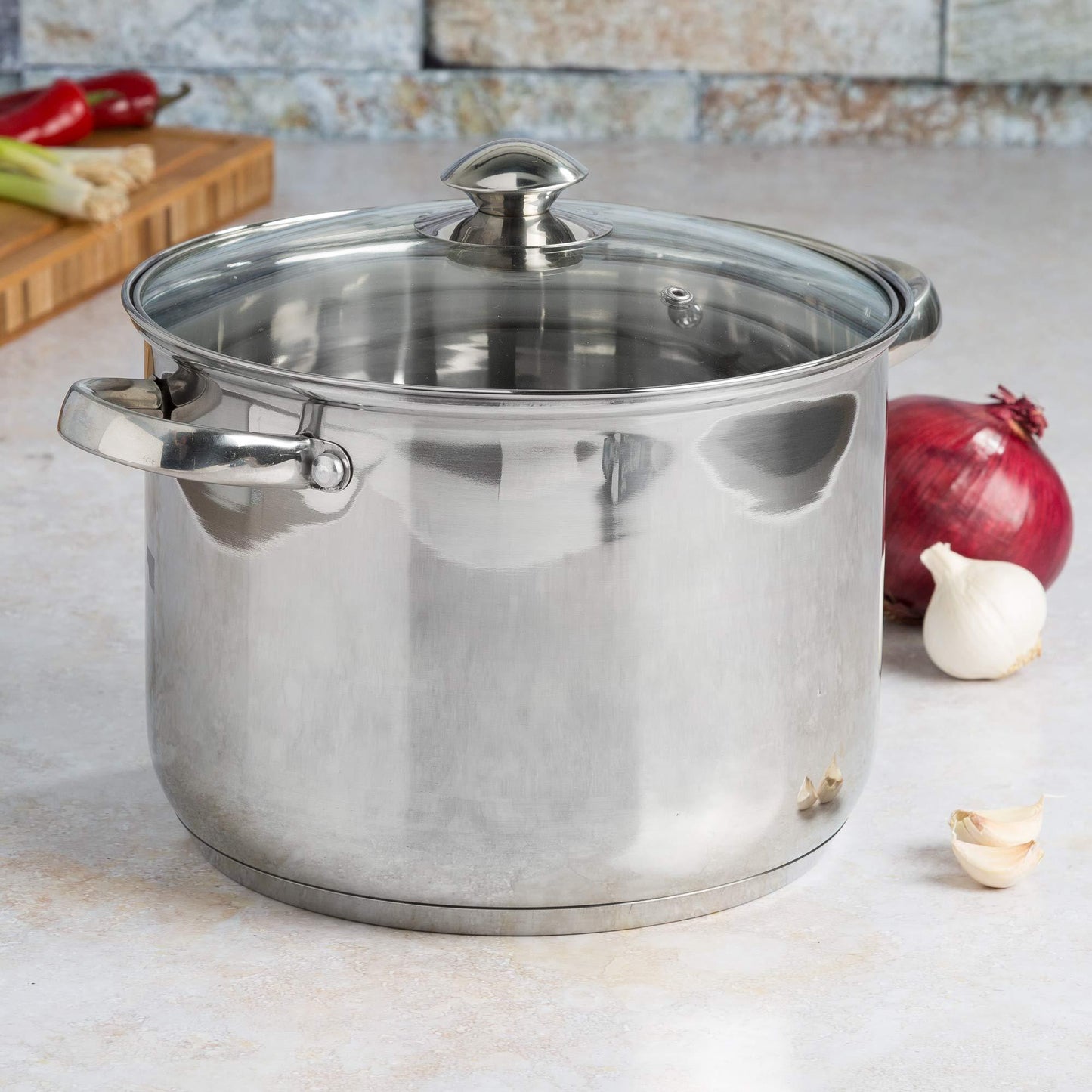 Ecolution Stainless Steel Stock Pot with Encapsulated Bottom Matching Tempered Glass Steam Vented Lids, Made Without PFOA, Dishwasher Safe, 8-Quart, Silver - CookCave