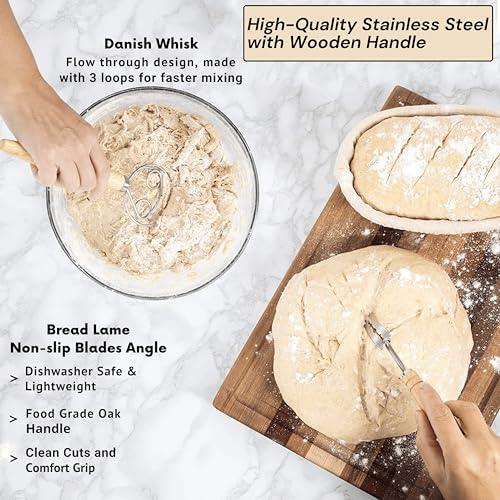 ECOMERR 9” Banneton Bread Proofing Basket - Set of 2 Round & Oval Rattan Proofing Baskets for Sourdough Bread Baking with Bread Lame + Steel & Plastic Dough Scraper + Linen Liner Cloth + Dough Whisk - CookCave