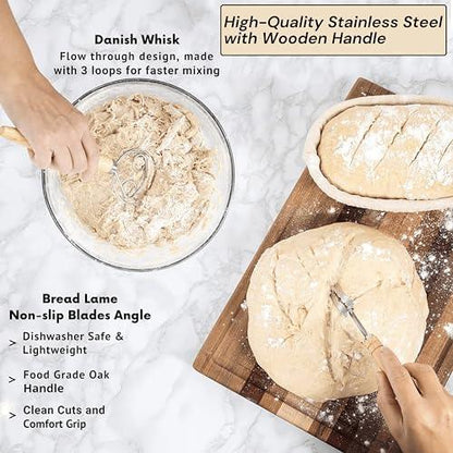 ECOMERR 9” Banneton Bread Proofing Basket - Set of 2 Round & Oval Rattan Proofing Baskets for Sourdough Bread Baking with Bread Lame + Steel & Plastic Dough Scraper + Linen Liner Cloth + Dough Whisk - CookCave