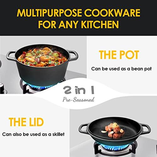 EDGING CASTING 2-in-1 Pre-Seasoned Cast Iron Dutch Oven Pot with Skillet Lid Cooking Pan, Cast Iron Skillet Cookware Pan Set with Dual Handles Indoor Outdoor for Bread, Frying, Baking, Camping, BBQ, 5QT - CookCave